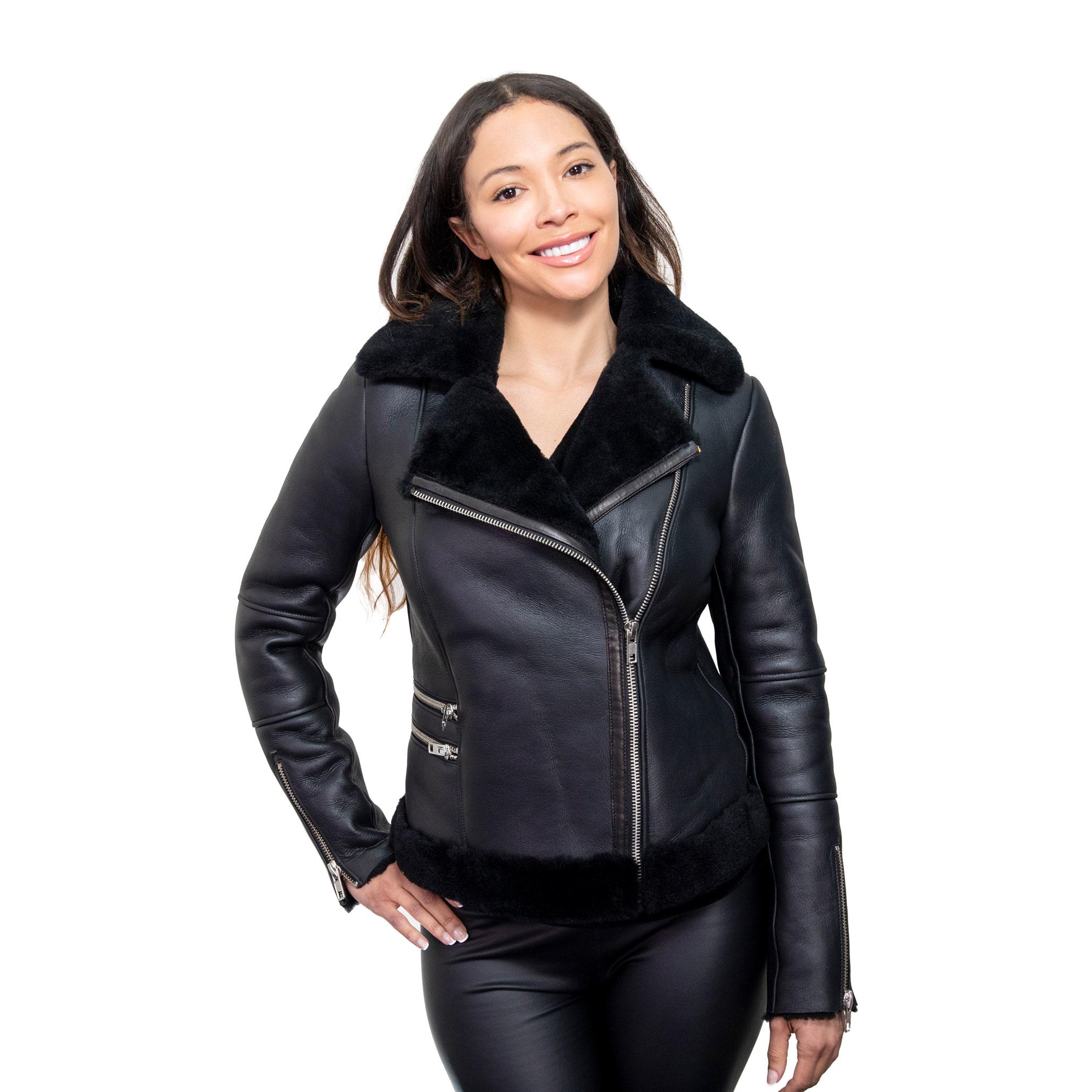 buy women's black shearling jacket online