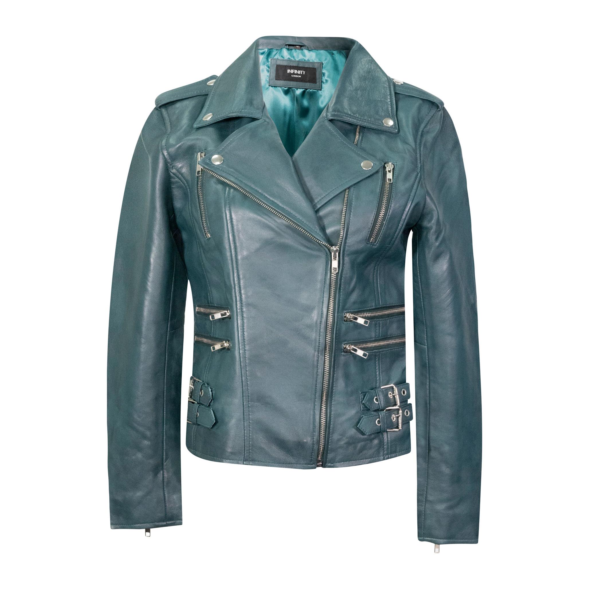 A teal green ladies leather biker jacket, with studs, pockets, zips, and notched lapels.