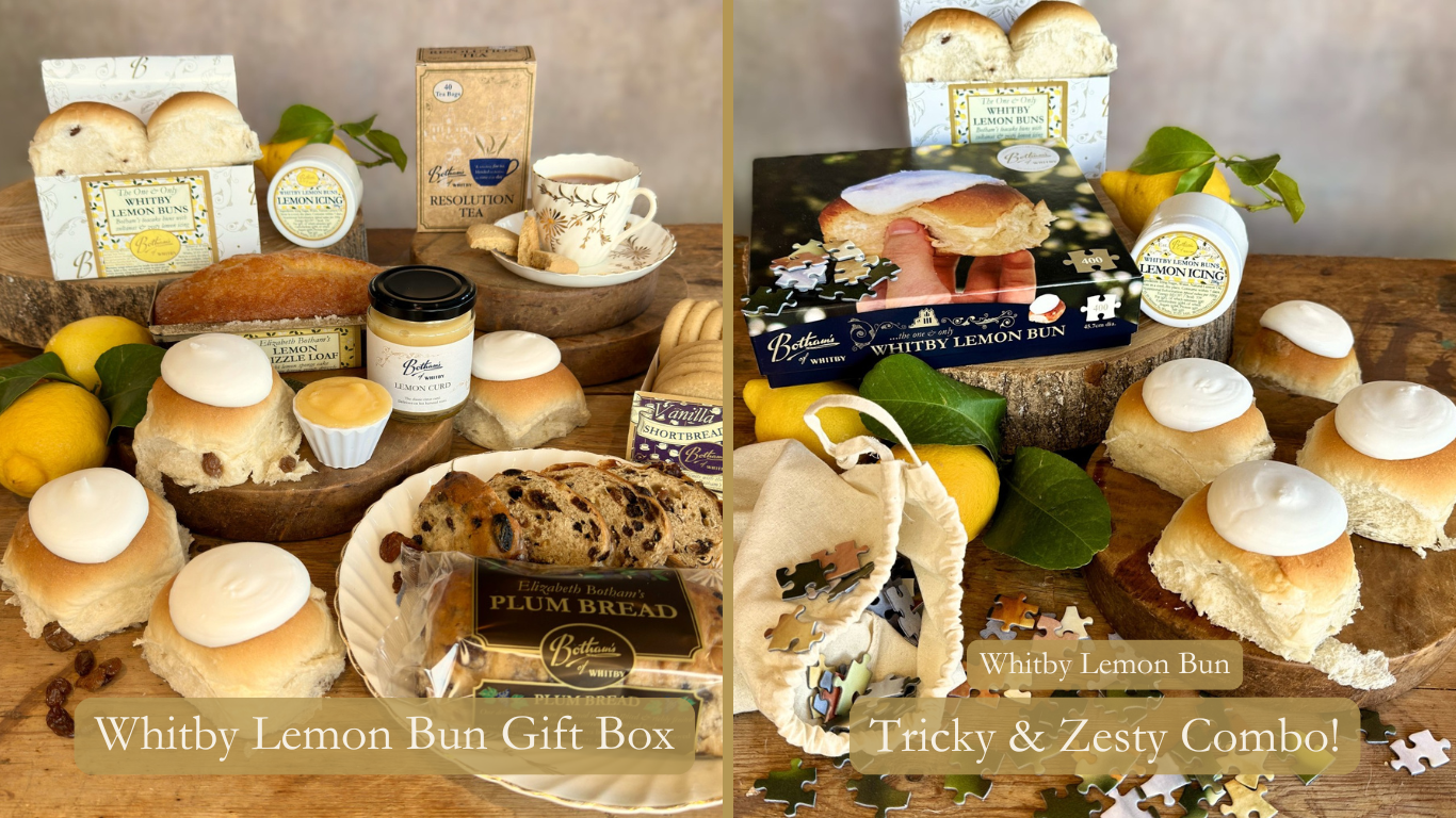 Banner displaying two separate images of Whitby Lemon Bun inspired Hampers by post