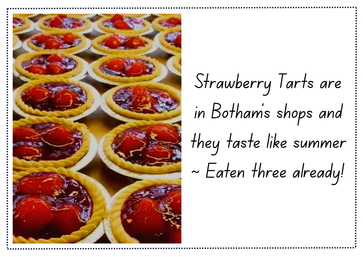 Postcard from Botham's with the text 'Strawberry Tarts are in Botham's shops and they taste like summer ~ Eaten three already!' with a left-aligned image of a tray of Strawberry Tarts.