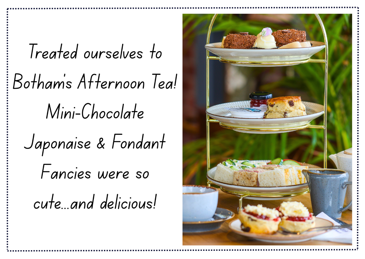 Postcard from Whitby with the text 'Treated ourselves to Botham's Afternoon Tea! Mini-chocolate Japonaise and Fondant fancies were so cute...and delicious!' with right-aligned image of a three tier Afternoon Tea stand featuring the full content of Botham's Afternoon Tea for two. 
