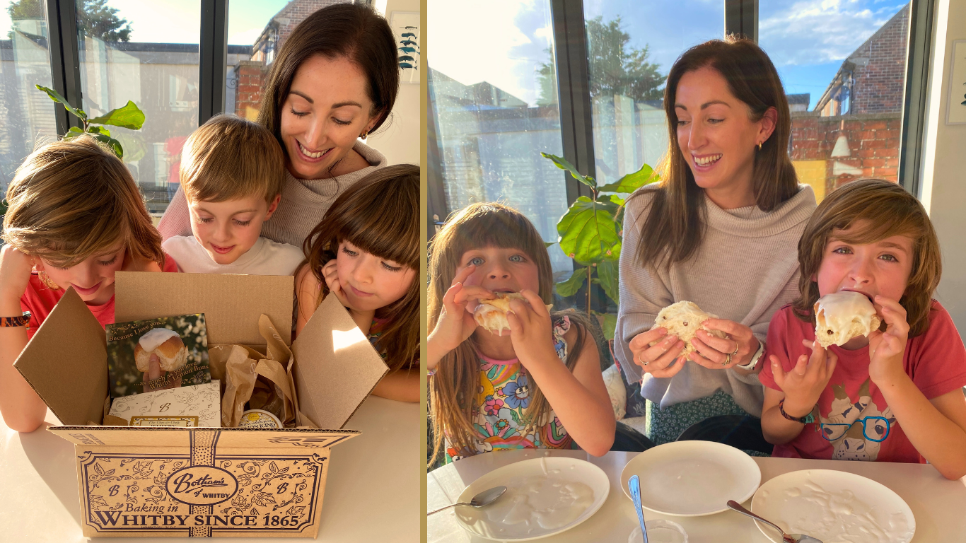 Family at home enjoying a fresh delivery of Whitby Lemon Buns, with one image showing one adult and three children peering into a Botham's box and the other image shows one adult and two children eating Whitby Lemon Buns which they have iced themselves at home.