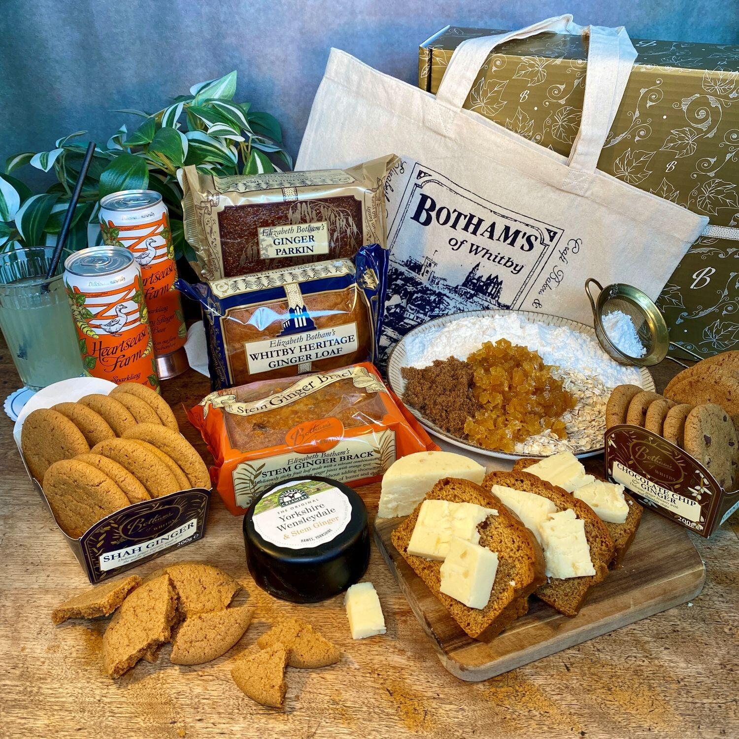 Botham's Love Ginger Collection luxury Yorkshire food gift hamper with Whitby Heritage Ginger Loaf, traditional Ginger Parkin, Stem Ginger Brack, Yorkshire Wensleydale & Stem Ginger cheese, Shah Ginger biscuits, Ginger & Chocolate Chip biscuits, artisan ginger beer and reusable Botham's cotton bag. Ideal Yorkshire food gift for ginger lovers, birthdays, Christmas and afternoon tea.