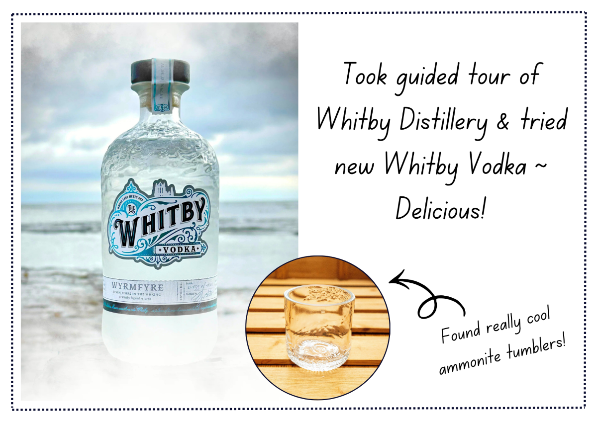 Postcard from Whitby with the text 'Took guided tour of Whitby Distillery and tried new Whitby Vodka ~ Delicious! Found really cool ammonite tumblers!' with left-aligned, ice white image of the new Whitby Vodka bottle from Whitby Distillery.
