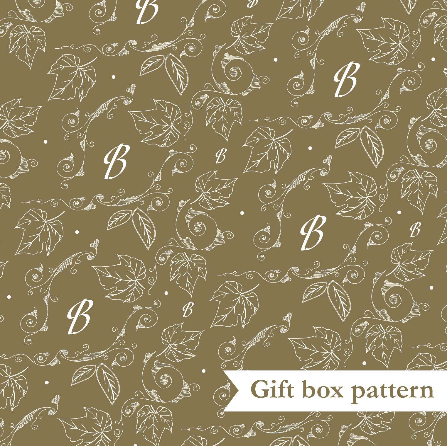 Image displays artwork sample of the Fine Vines Gold Gift Box pattern, which is a brand gold background with cream Botham's 'B's and vines & leaves.
