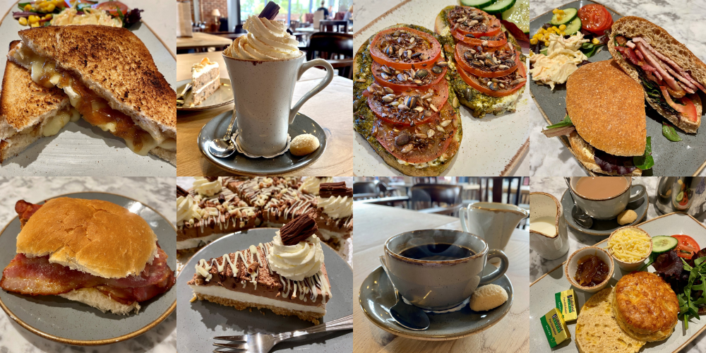 Collage of food photographs from the new Botham's bakery menu, including Triple Chocolate Cheesecake, Bacon Bun, Savoury tea with a Cheese Scone, BLT Stottie, Pesto Toast, Brie & Onion Marmalade Toastie and a Mocha Viennese with whipped cream swirl and flake. A delicious selection of food items available to enjoy in the tea rooms.
