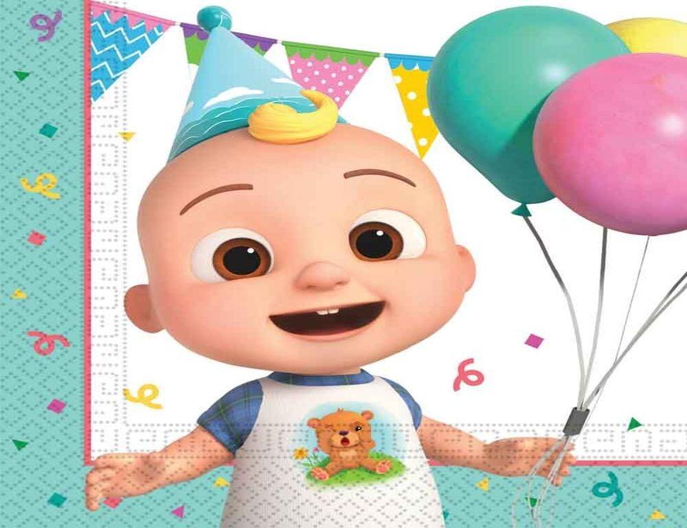 A colourful napkin featuring JJ from the popular Cocomelon series