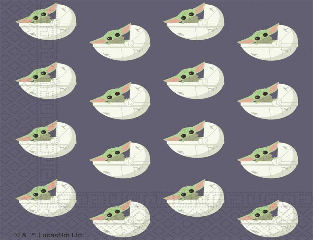 A grey paper napkin with Grogu printed all over it