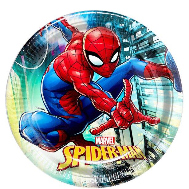 A 23cm paper plate featuring Spiderman in an action pose