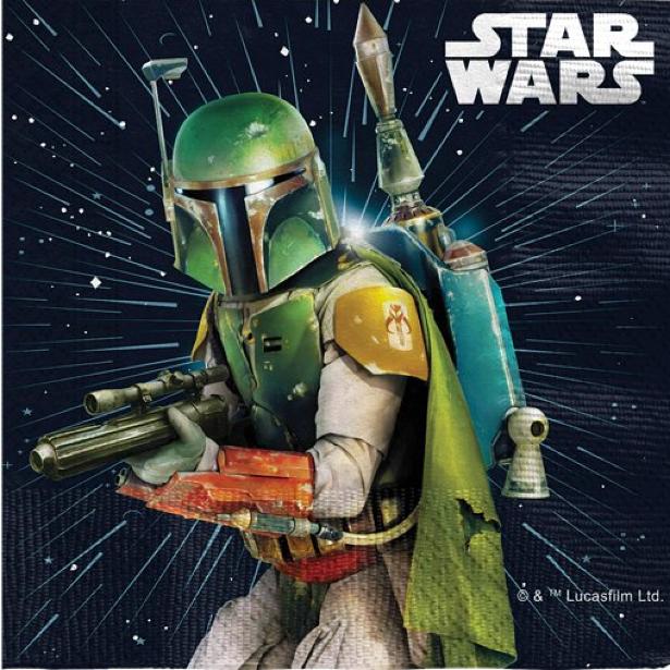 A Star War inspired napkin featuring Boba Fett and the Stormtroopers