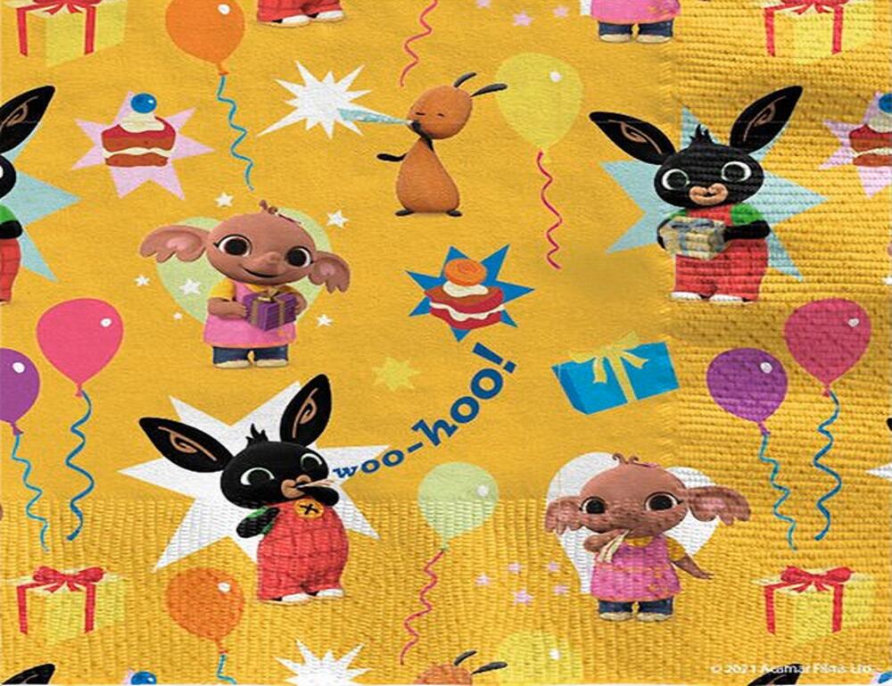 A yellow napkin with Bing Bunny and his friends display on it