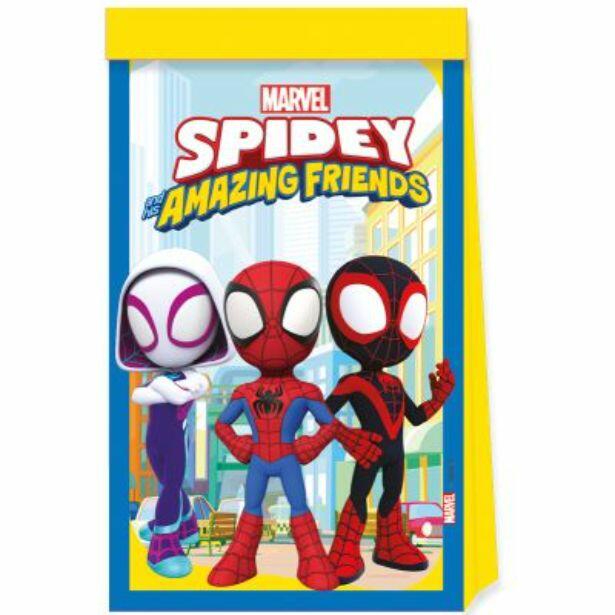 A paper party bag featuring Spidey and his friends Ghost Spider and Spin