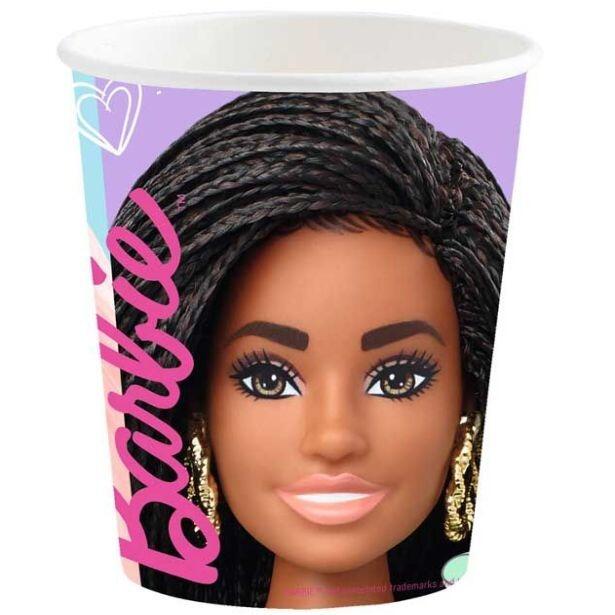 A 250ml colourful paper cup featuring 3 Barbie doll images