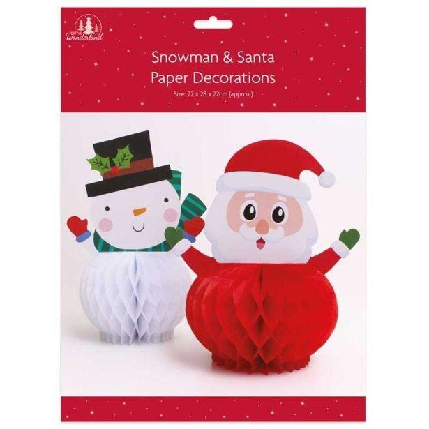Pack of 2 Christmas paper decorations featuring a Snowman and Santa