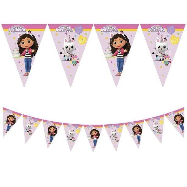 A Gabby's Dollhouse 9 flag banner measuring 2.3m long when hung and featuring Gabby and her friend Pandy Paws