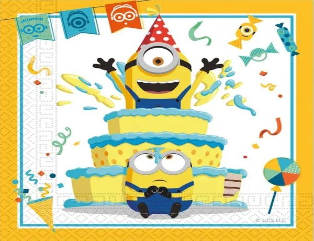 A yellow and white napkin featuring two of the popular Minion characters