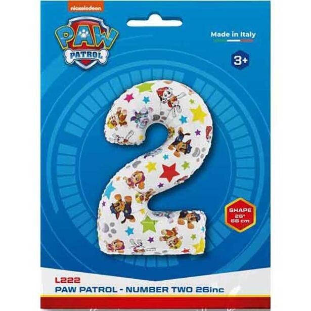A 26 inch number 2 shaped Paw Patrol foil balloon