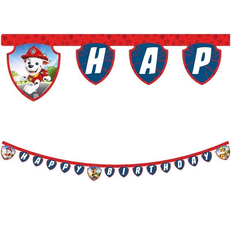 A 2m long Paw Patrol Rescue Hero Happy Birthday paper letter banner featuring Chase, Marshal and Rubble