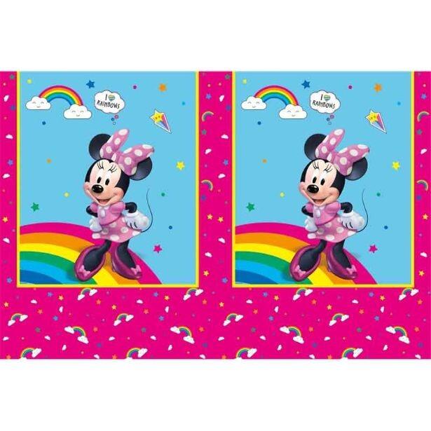 A multicoloured Minnie Rainbow plastic table cover