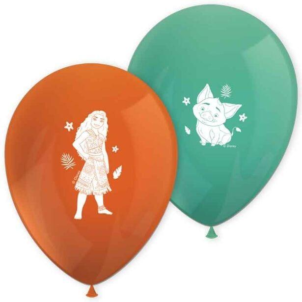 Pack of 8 Moana Sailing Spirit latex balloons  in alternating colours orange and turquoise