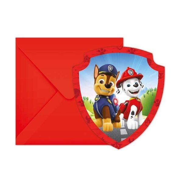 Pack of 6 Paw Patrol Rescue Hero party invitations and feature Chase and Marshall on the front of each one
