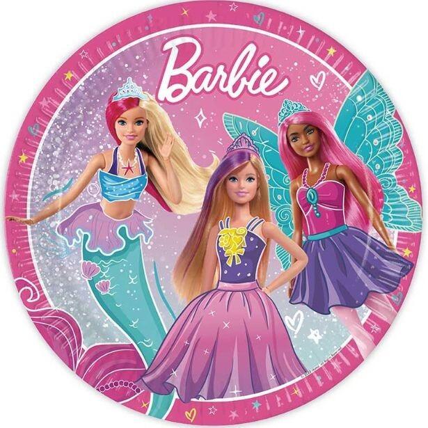 A pack of 8 pink paper plates from the Barbie Fantasy party range.