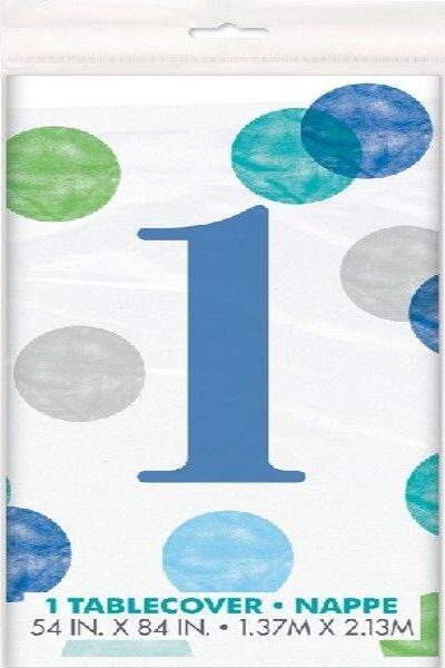 A Blue Dots 1st Birthday plastic table cover