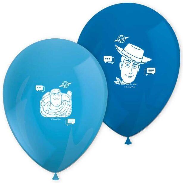 Pack of 8 uninflated latex balloons in 2 colours - light blue and blue and are printed with either Buzz Lightyear or Woody