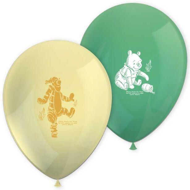 A pack of 8 Winnie the Pooh latex balloons in 2 colours - yellow and green