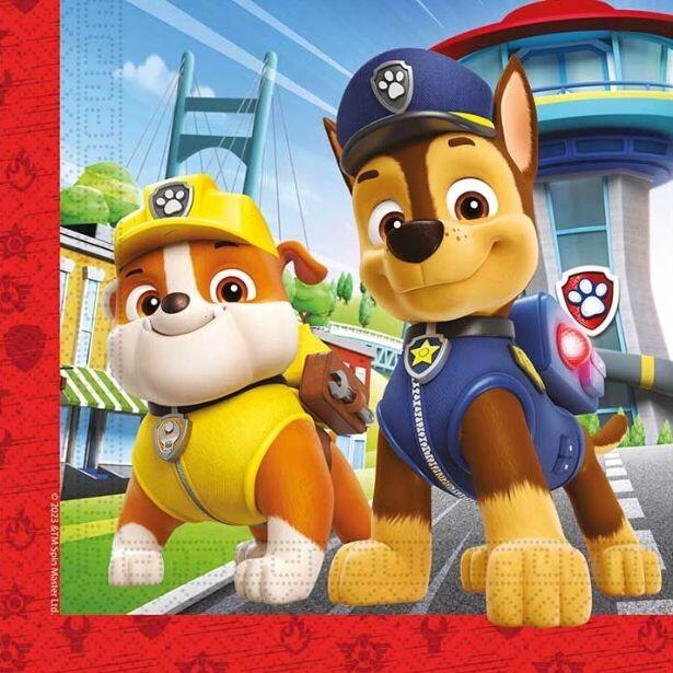 A colourful Paw Patrol Rescue Hero paper napkin featuring Marshall, Chase and friends