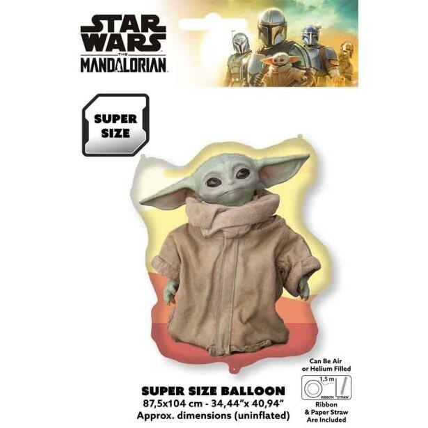 A super sized Grogu shaped foil balloon