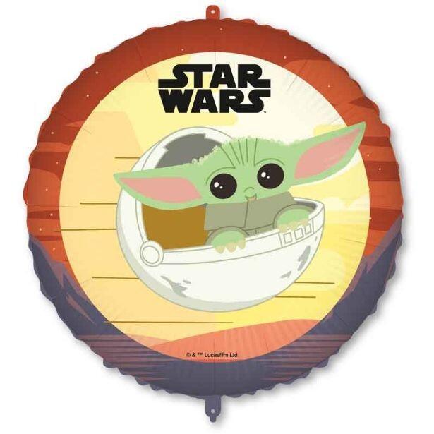 An 18 inch Star Wars Mandalorian foil balloon featuring Grogu in his hover pram