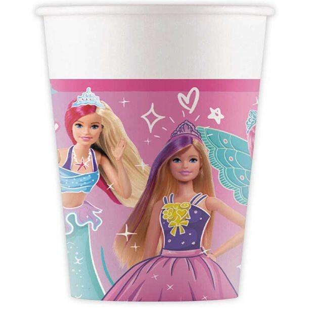 A colourful paper cups featuring Barbie in three different outfits