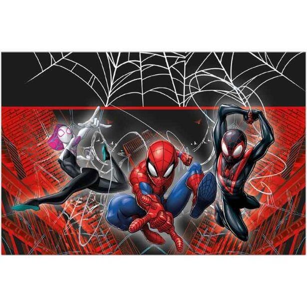 A colourful Spider-Man World of Webs plastic table cover measuring 120cm x 180cm