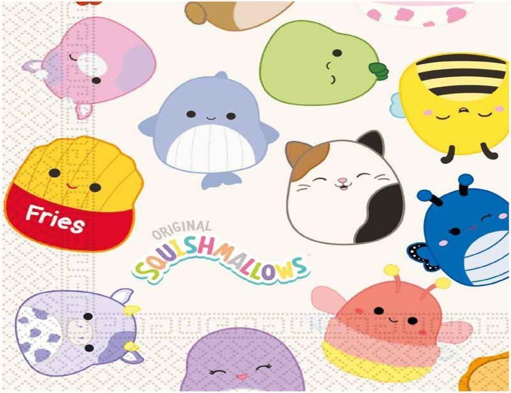A colourful paper napkin featuring lots of different Squishmallows