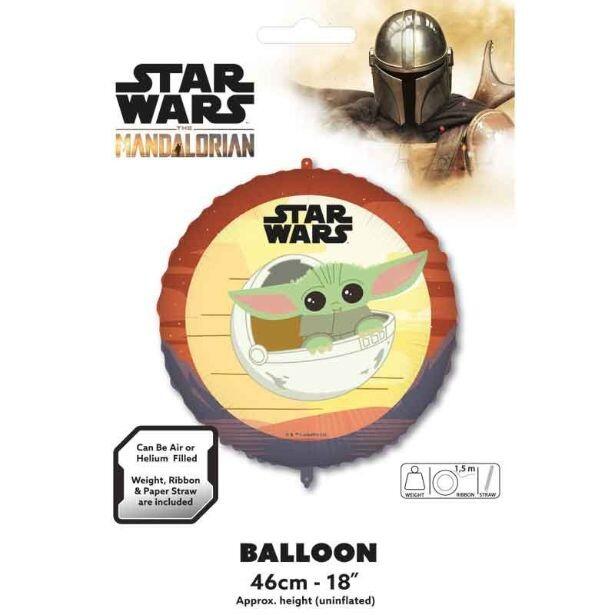 An 18 inch Star Wars Mandalorian foil balloon featuring Grogu in his hover pram