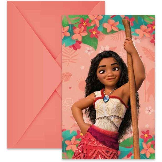 Pack of 6 Moana Sailing Spirit themed invites with matching orange envelopes