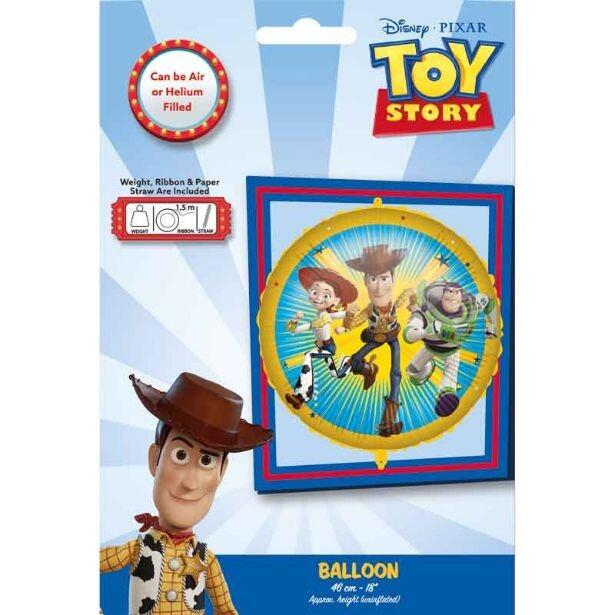An 18 inch Toy Story 5 foil balloon featuring Woody, Buzz Lightyear and Jessie in an action pose