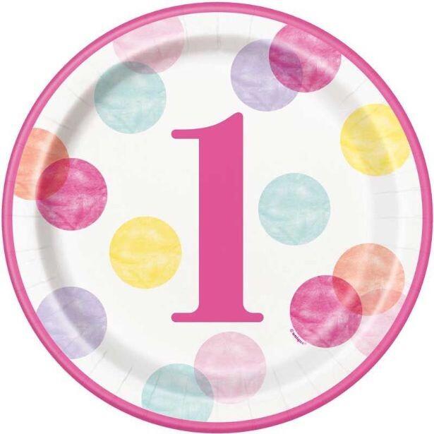 Pack of 8 pink dots 1st Birthday paper plates