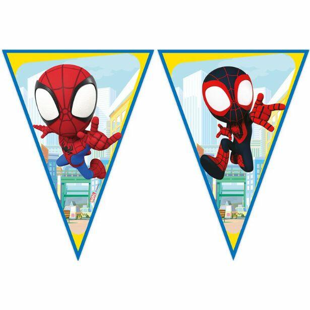 A 9 flag paper eye-catching bunting featuring Spidey and Spin in different action poses