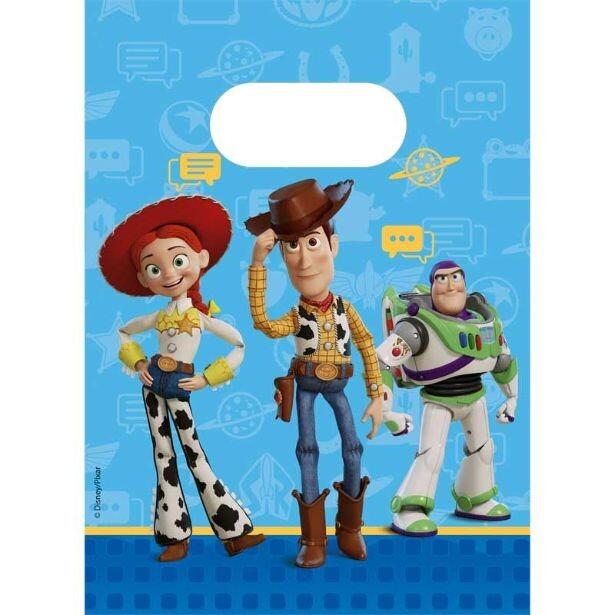 Pack of 4 Toy Story 5 paper party bags featuring Woody, Jessie and Buzz Lightyear on the front side of the bag only