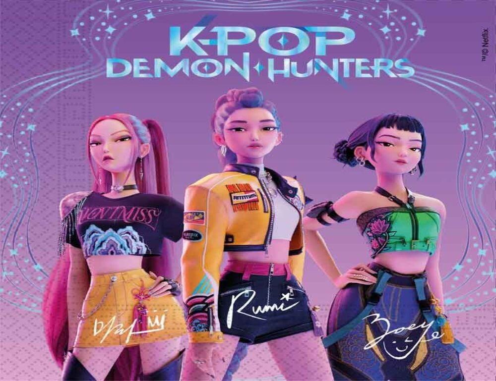 A purple paper napkin featuring the K-Pop characters