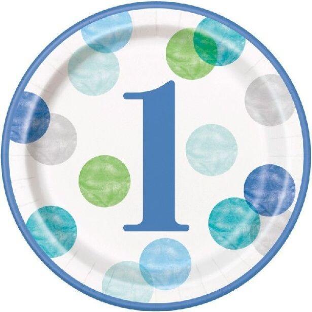 Pack of 8 Blue Dots 1st Birthday paper plates