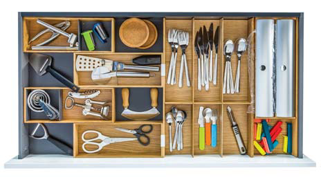 Shallow drawer organisation solutions for 1000mm wide kitchen drawers