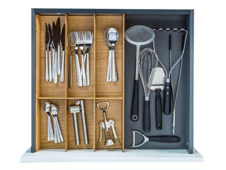 Shallow drawer organisation solutions for 600mm wide kitchen drawers