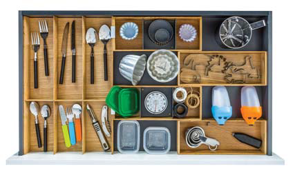 Shallow drawer organisation solutions for 900mm wide kitchen drawers