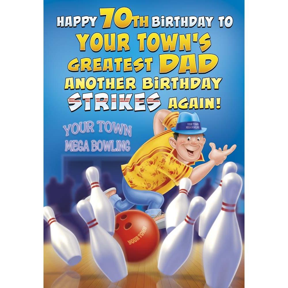 funny age 70 card for a dad with a colourful cartoon illustration