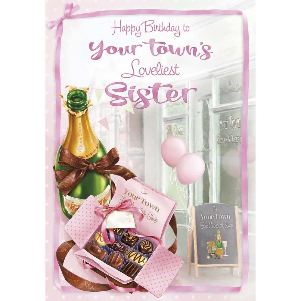 classic birthday card for a sister with a colourful realistic illustration