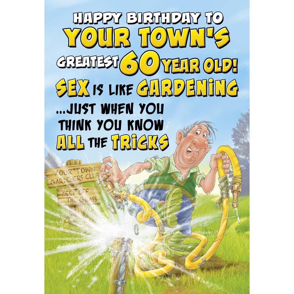 funny age 60 card for a male with a colourful cartoon illustration