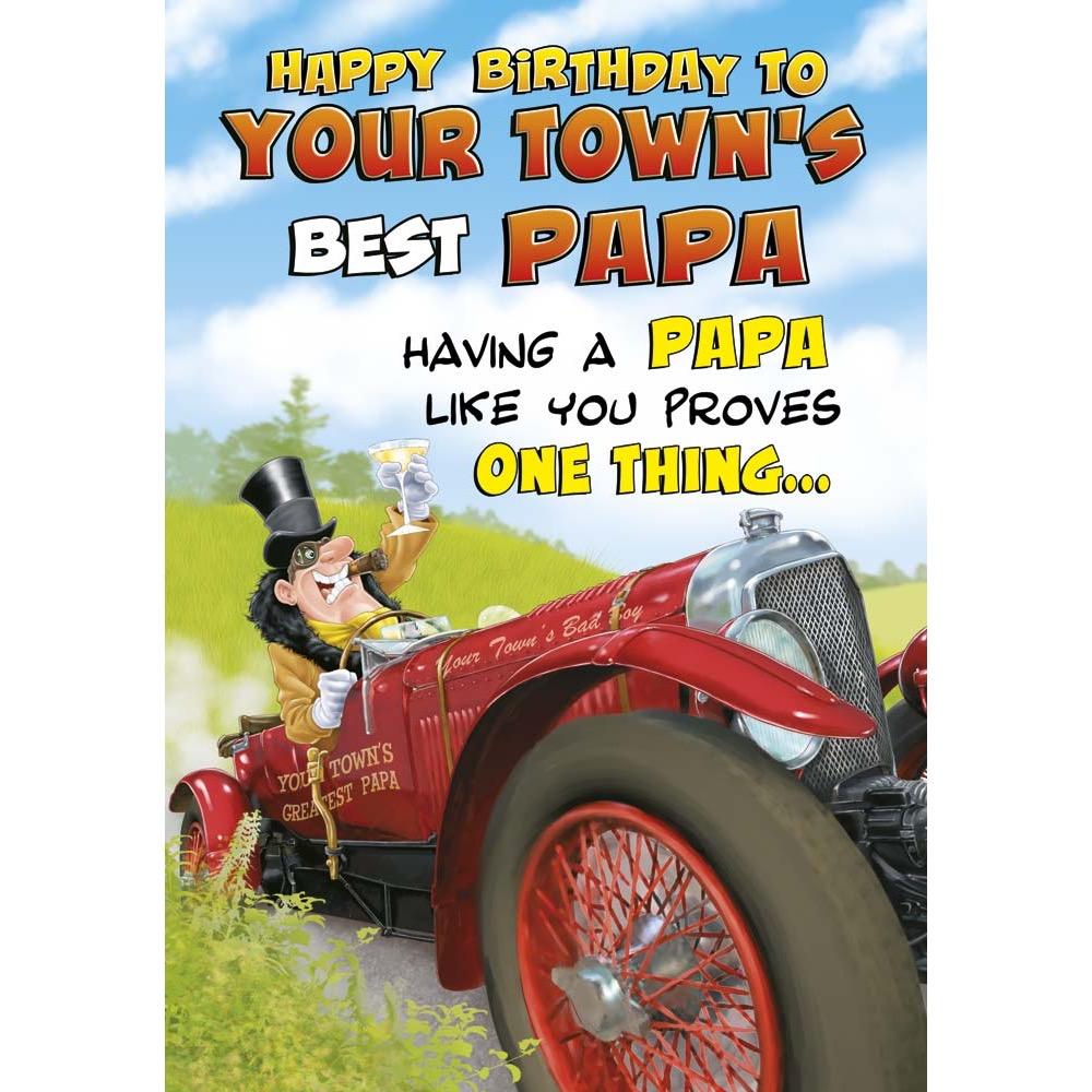 funny birthday card for a papa with a colourful cartoon illustration